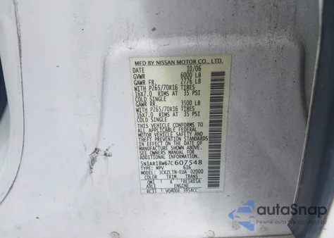 2007 Nissan Pathfinder Se из США, поврежденный, VIN 5N1AR18W67C607548